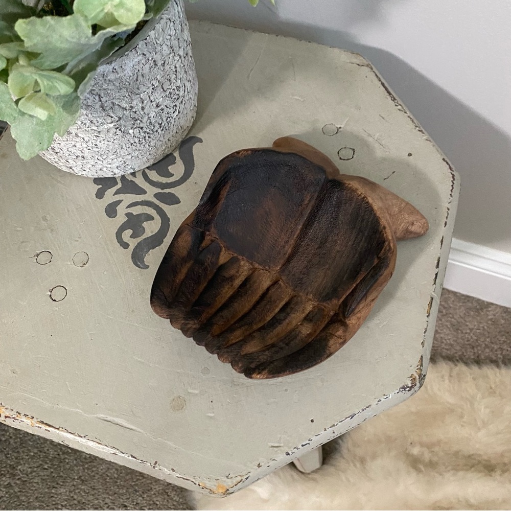 Wood Carved Praying Hands Small Shaped Bowl Trinket Dish Decor